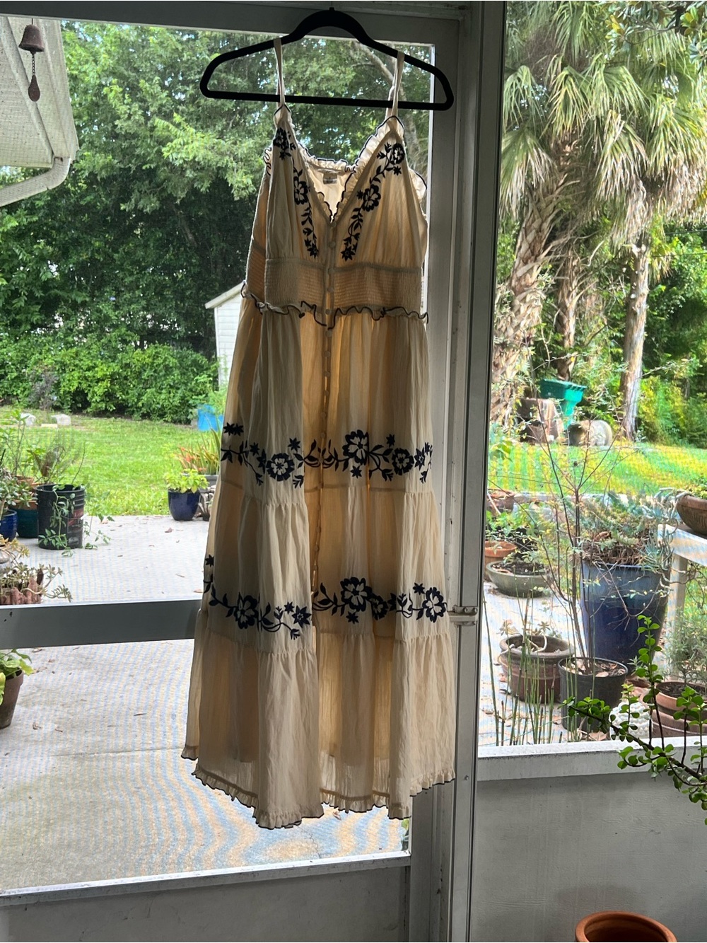 Festi Cream Maxi Dress with Navy Floral Embroidery